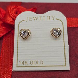 14KT Gold Heart Clear Cubic Zirconia Screw Back Stud Earrings 4mm